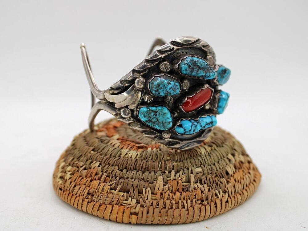Max Largo Sterling Silver Turquoise and Coral Cluster Cuff Bracelet